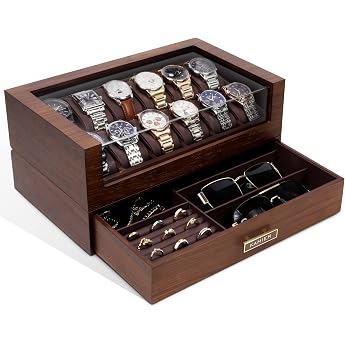 KAMIER Men's Watch Box with 12 Compartments, Luxury Large Real Wood Watch Box 2 Levels, Watch Box with Removable Watch Cushio