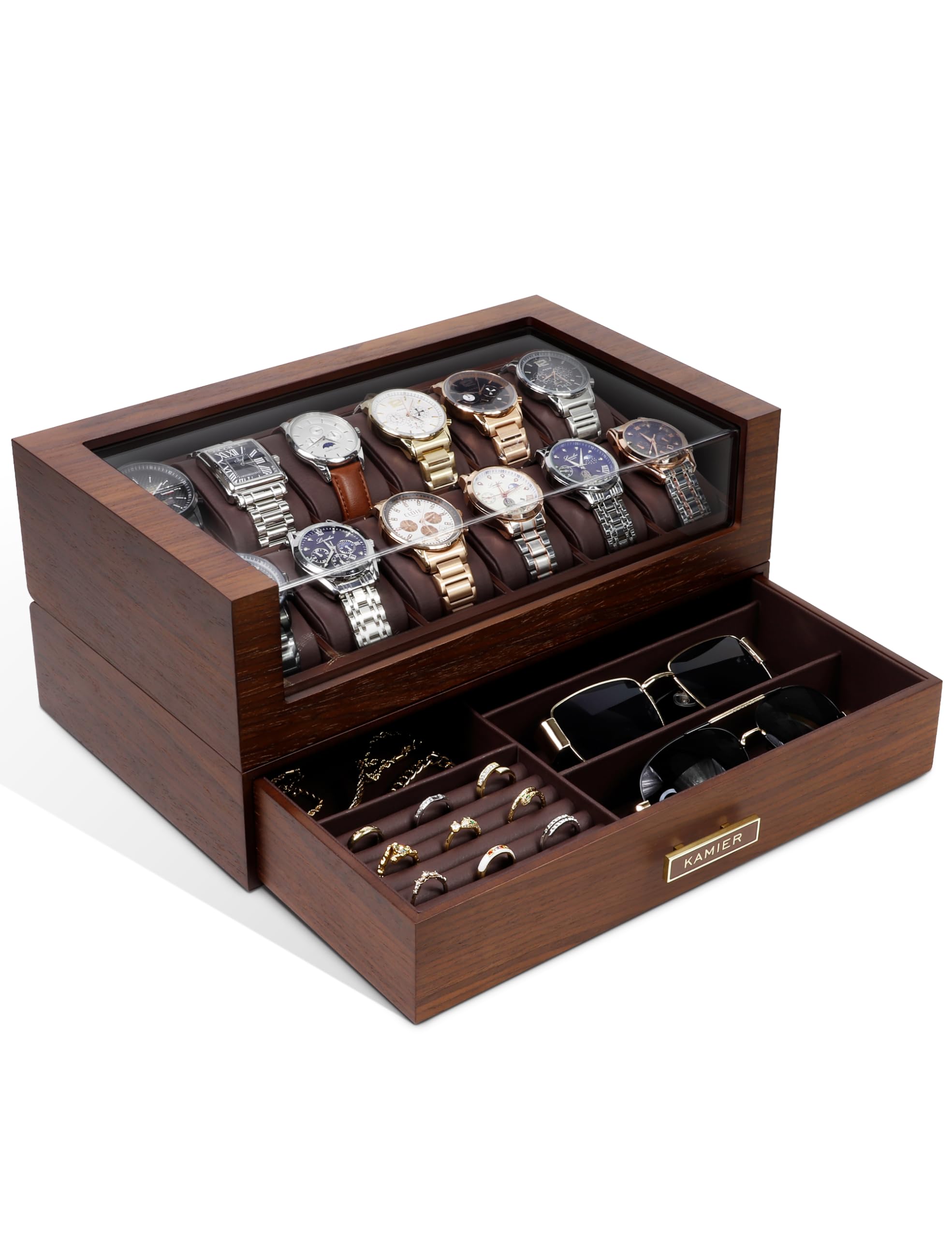 KAMIER Uhrenbox Herren mit 12 Fächern, Luxuriöse Groß Echtholz Watch Box 2 Ebenen, Uhrenkasten mit herausnehmbaren Uhrenkissen und Schublade, Premium Uhrenkoffer mit Glasdecekel (mit Geschenkbox)