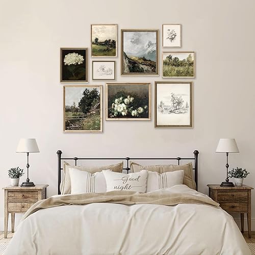 Miniatura 4 de Arte de pared vintage de campo francés, pósteres vintage para imagen estética de habitación, verde oscuro antiguo paisaje europeo de flores, prado,