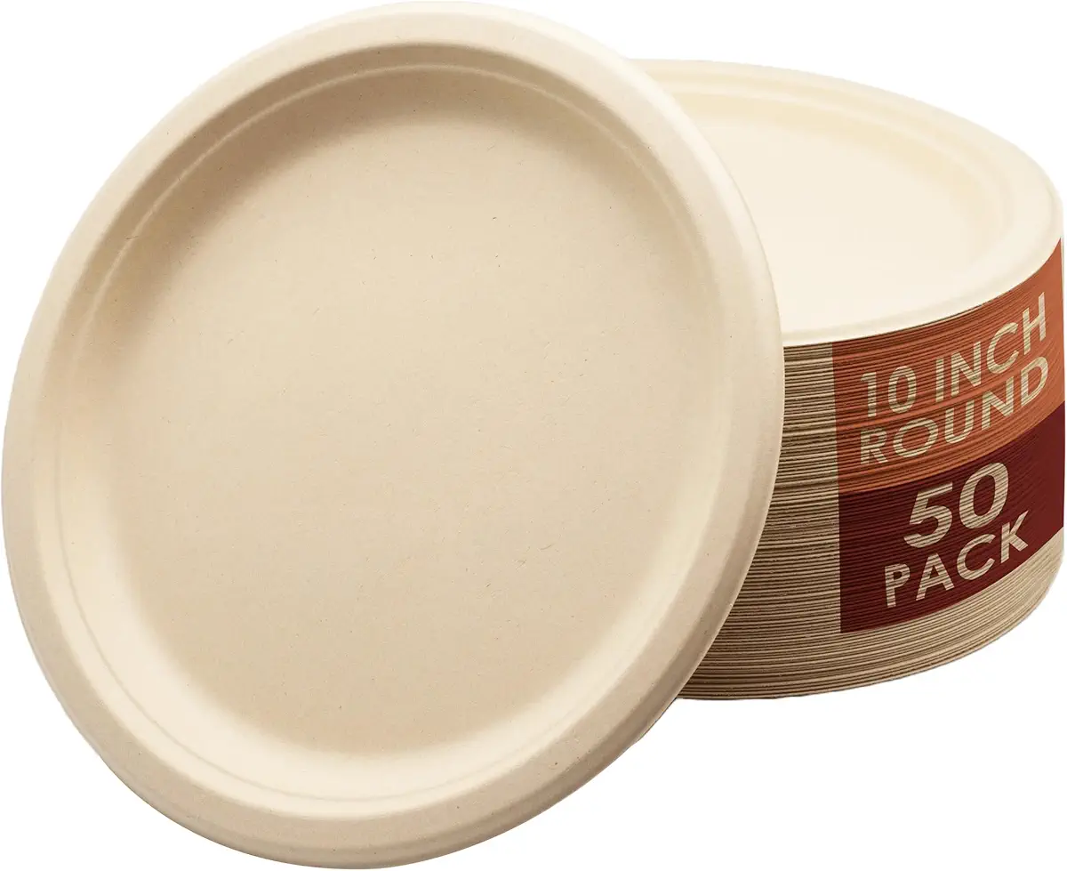 SQ USA 10 Inch Paper Plates - 50 Pack, [BPI Certified] 100% Disposable Compostable, Biodegradable, Heavy Duty, Eco-Friendly Made of Bagasse