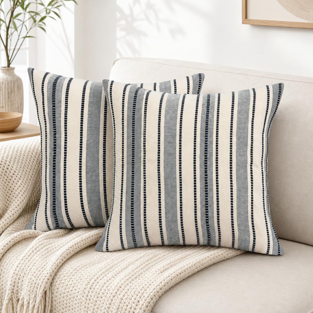 Hopomoon Navy Blue Stripe Cushion Covers 45 x 45 Set of 2 Woven Linen