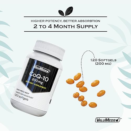 Miniatura 6 de ValuMeds CoQ-10 Suplemento de coenzima Q10 sin OMG, 120 cápsulas blandas  para la salud del corazón y el apoyo energético  Sin gluten para presión