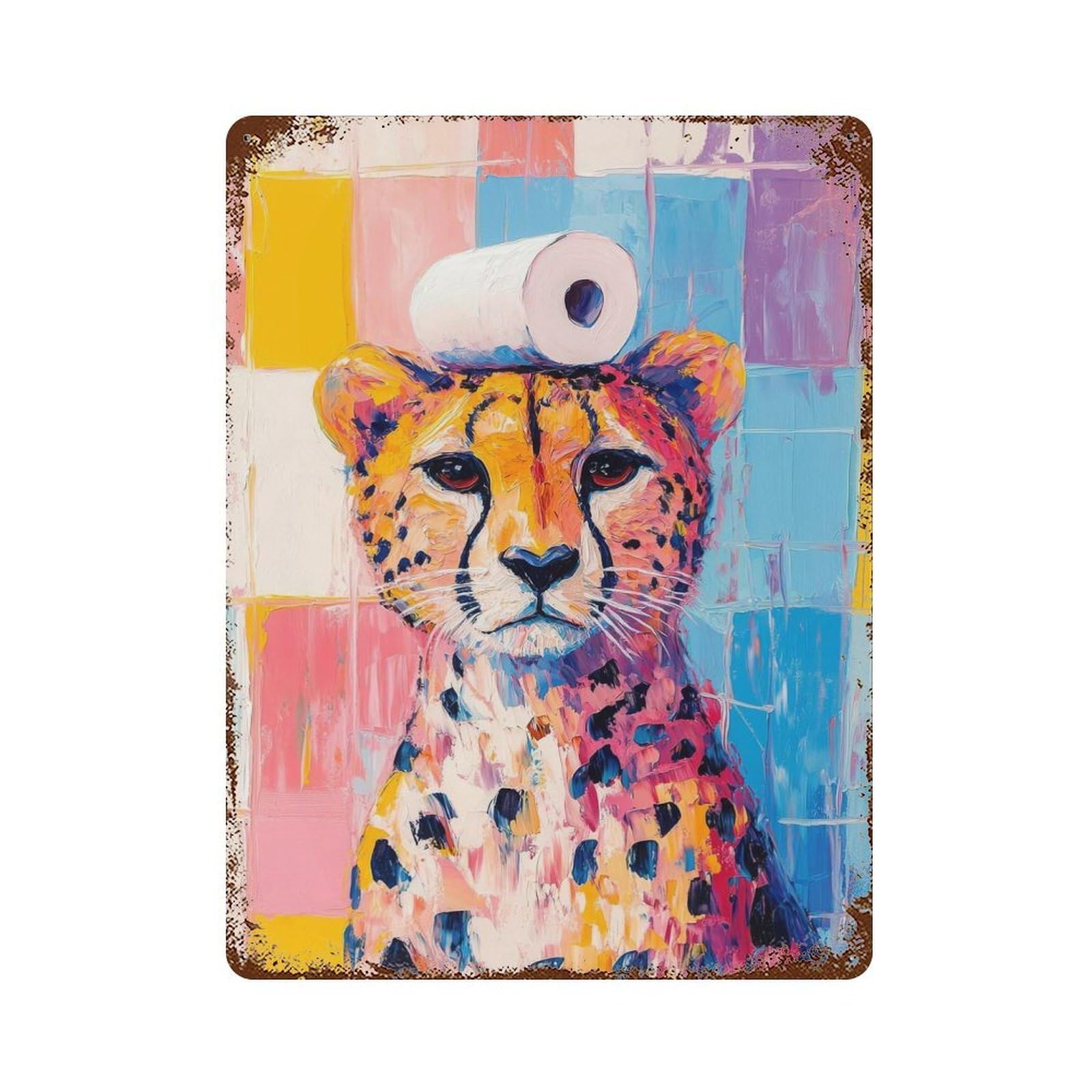 Cheetah with Toilet Paper Rust Effect Tin Sign 15.7"x11.8", for Bistro, Counter And Cafe Decor, Shabby Chic Decor
