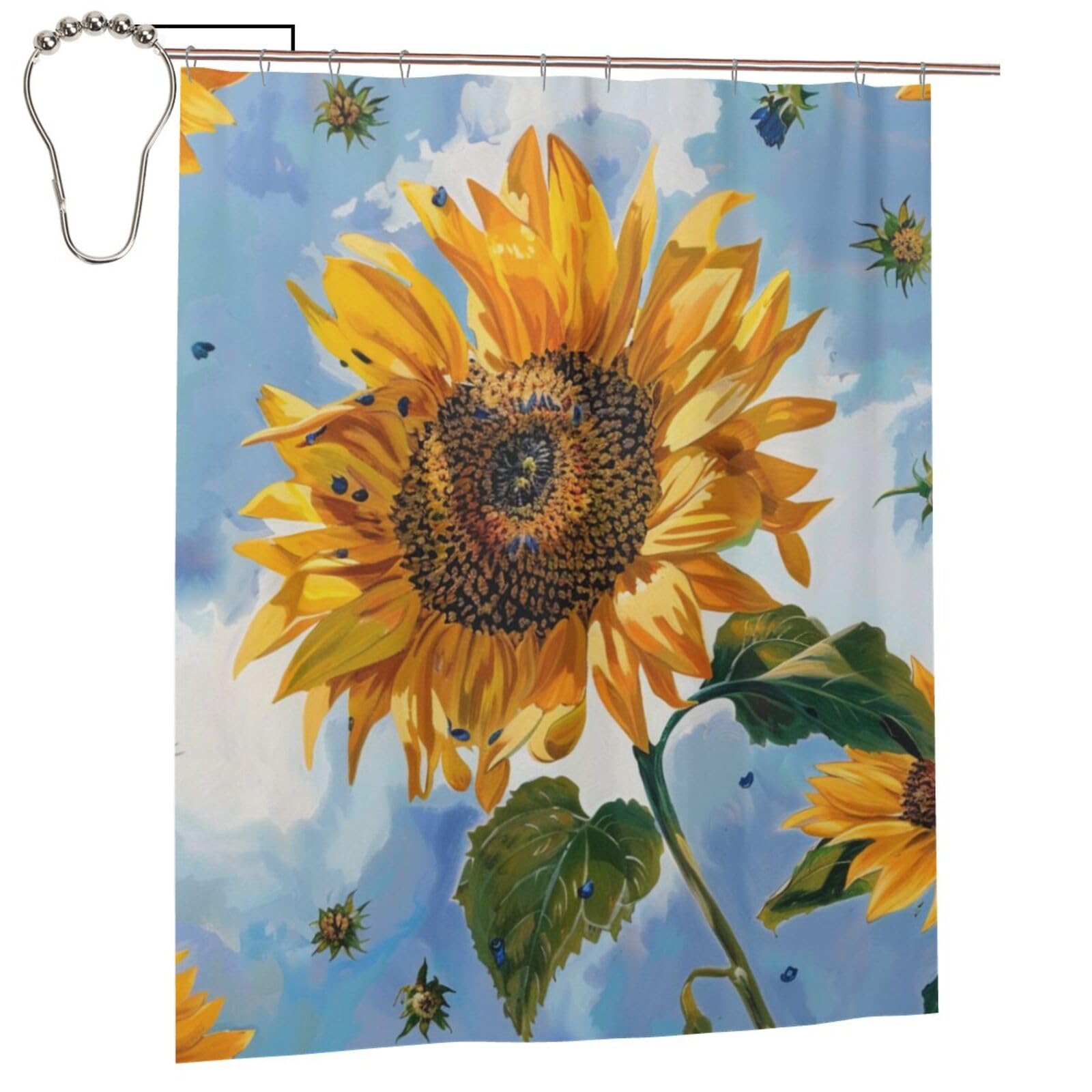 BWWHCCTI Sunflowers Printed Shower Curtain With 12 Iron Hooks Opaque Quick Drying Waterproof Shower Curtains Sets For Bathroom 152x183 Cm