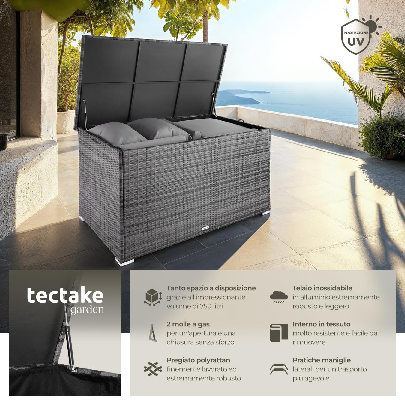 tectake Box Contenitore da Esterno 750L, Mobile da Giardino in Polyrattan e Alluminio, 145 x 82,5 x 79,5 cm - Grigio