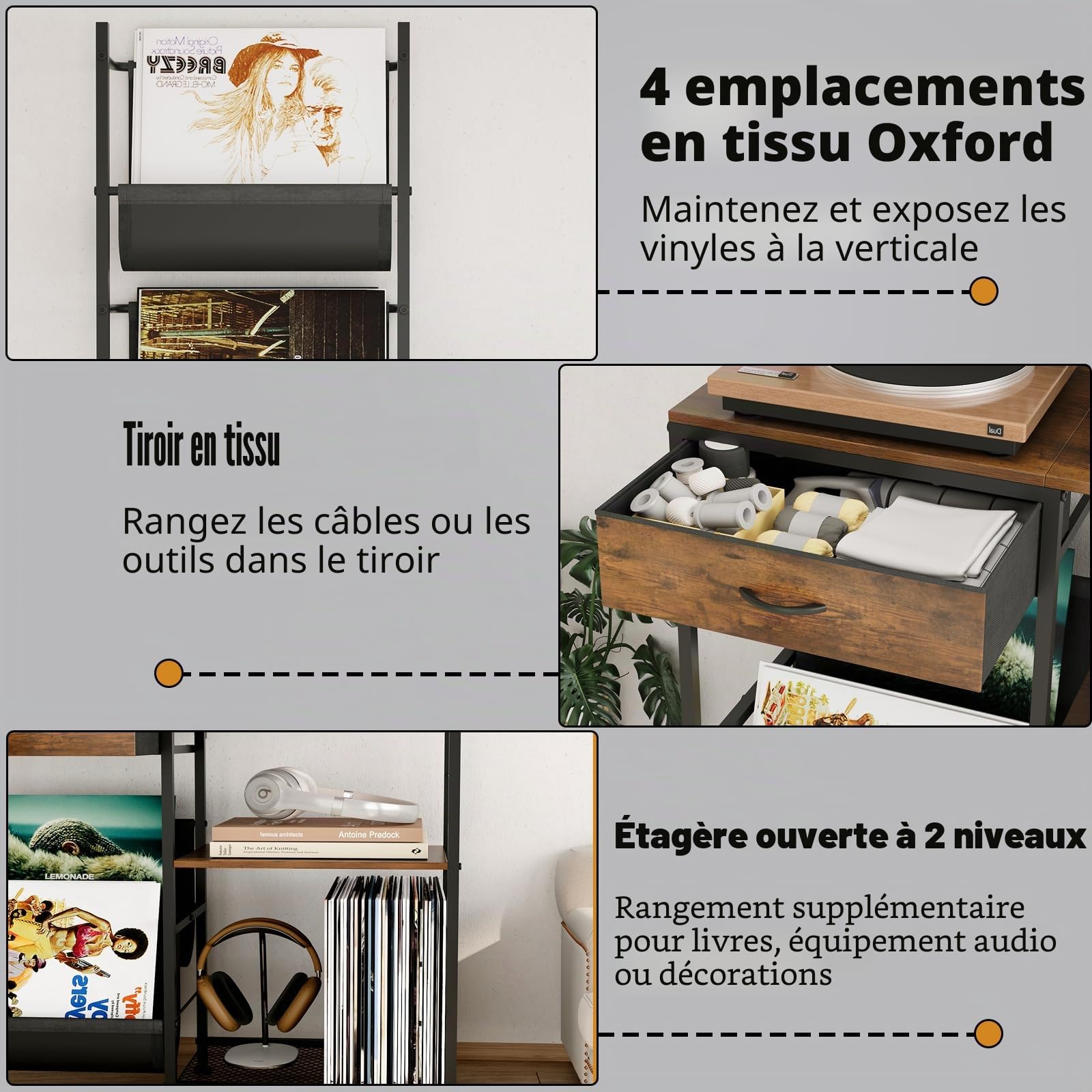 VEDECASA Étagère à disques vinyles avec 1 tiroir et 3 étagères en bois et métal vintage pour jusqu'à 150 disques vinyles LP avec étagère pour platine tournante, table d'appoint pour salon