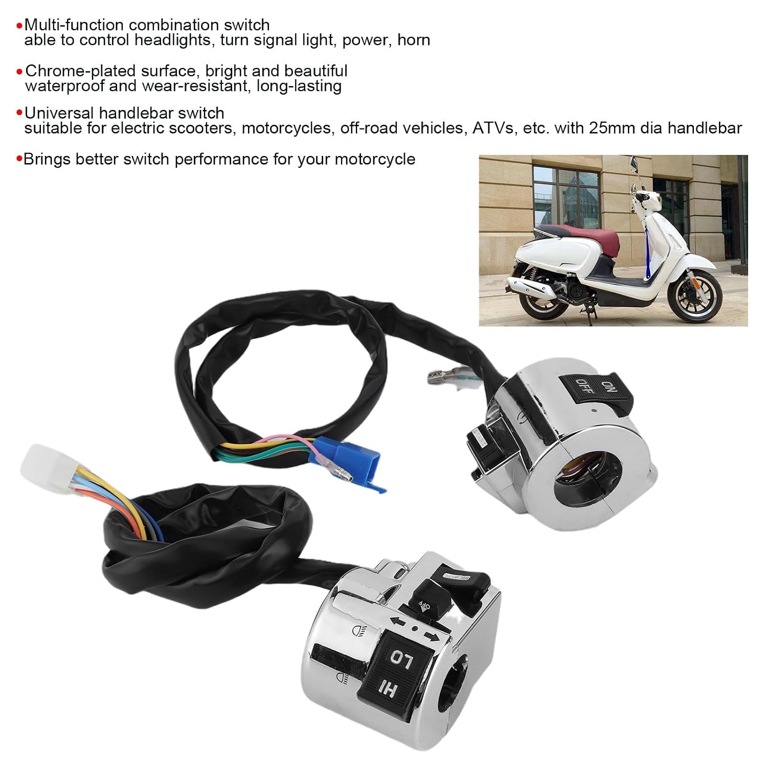Motorcycle Handlebar Switch, Motorcycle Start Button Light Switch, Motorcycle on Off Push Button Switch, for 25 mm Diameter Motorcycle Scooter Handlebar Accessories