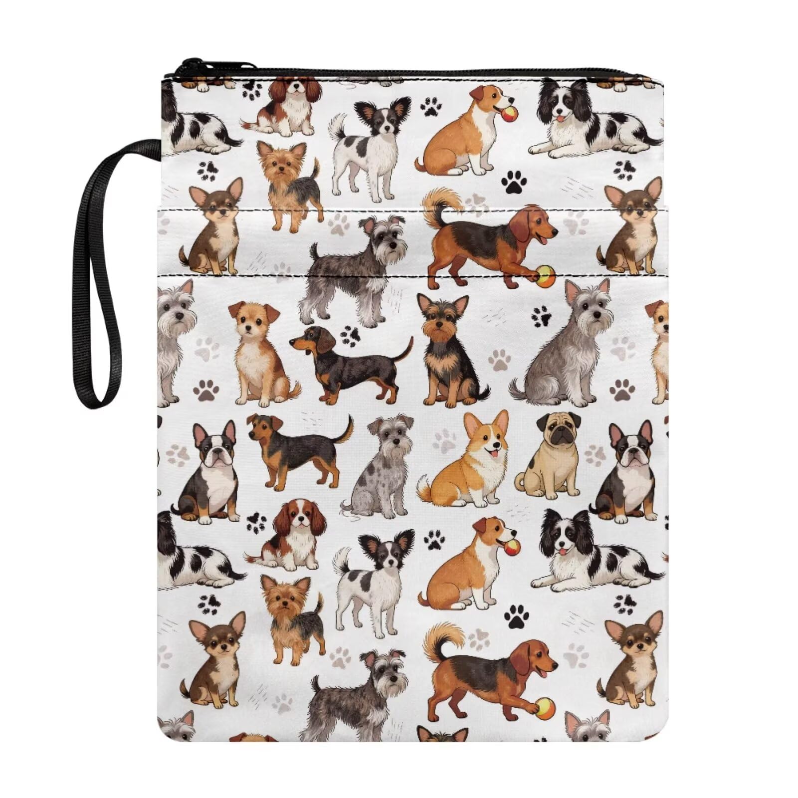 Poceacles Zippered Book Sleeve with Extra Pockets, Washable Fabric Book Cover Pouch, Shiba Dog French Bulldog Border Collie Yorkshire Terrier Schnauzer Dachshund Dog Pattern