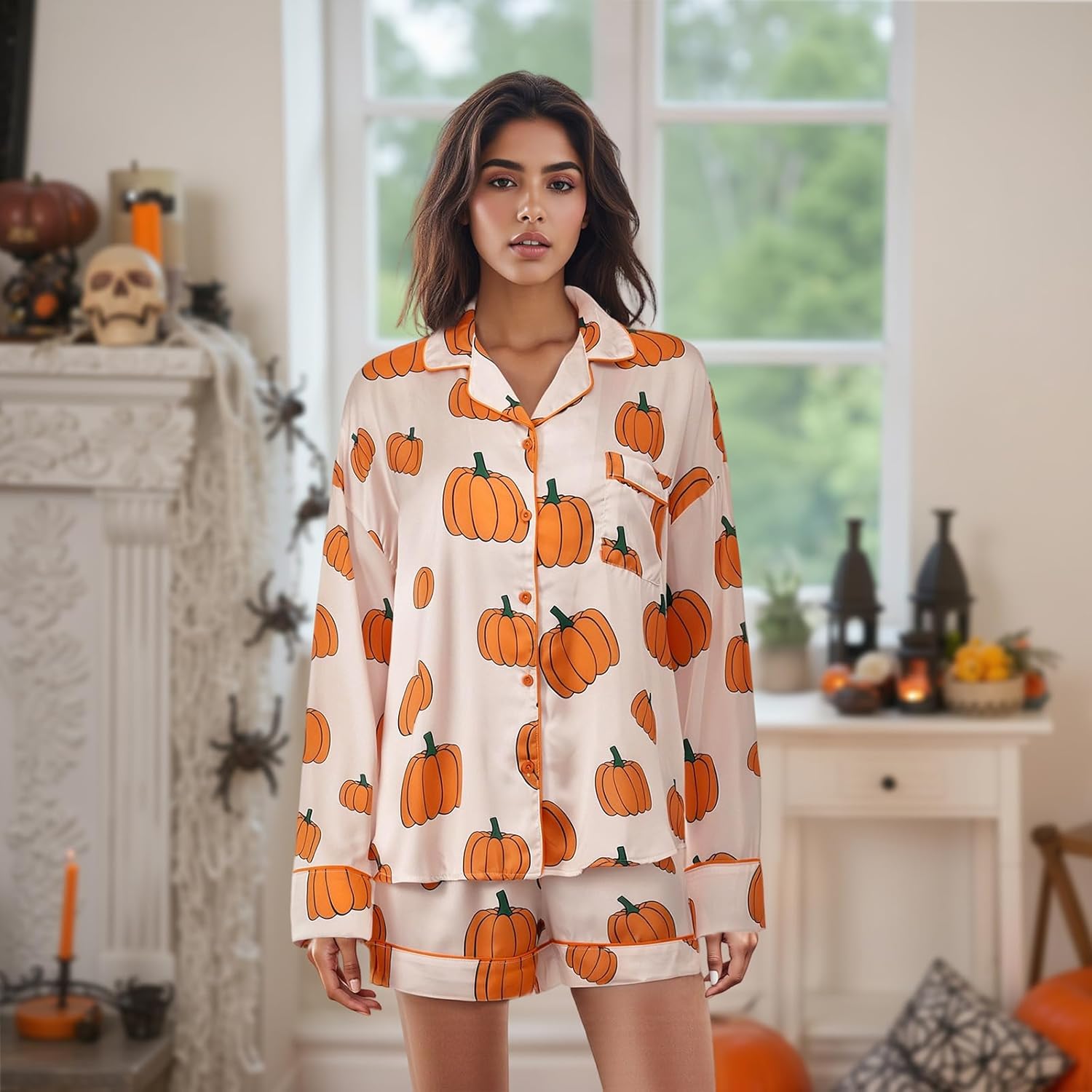 Womens Halloween Pajamas Sets 2 Piece Pumpkin Pjs Lounge Set Short Sleeve Button Down Top and Shorts Soft Sleepwear Outfits