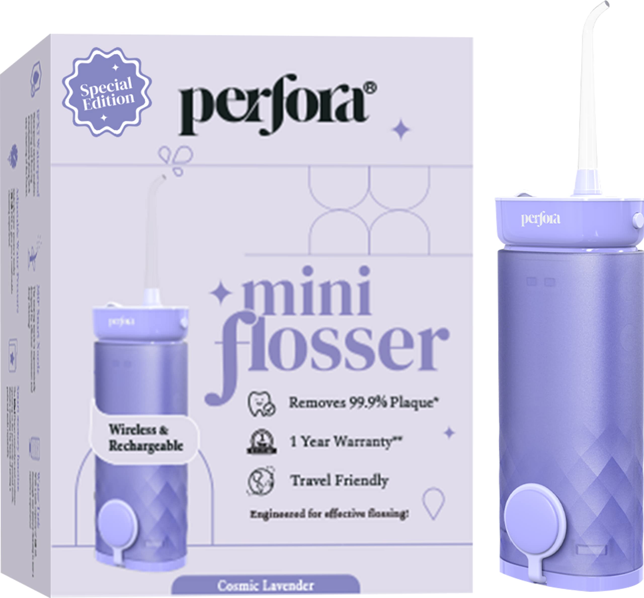 Perfora Mini Water Dental Flosser | 1 Year Warranty | Floss, Dental Flosser For Teeth Oral Care, 3 Modes, 2 Nozzles - Mini Flosser (170ml Optimum Water Tank, Cosmic Lavender)