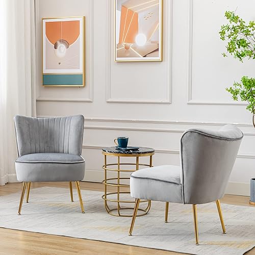 Miniatura 10 de DUOMAY Juego de 2 sillas decorativas modernas de terciopelo con patas doradas, silla lateral con respaldo alado para sala de estar, dormitorio,