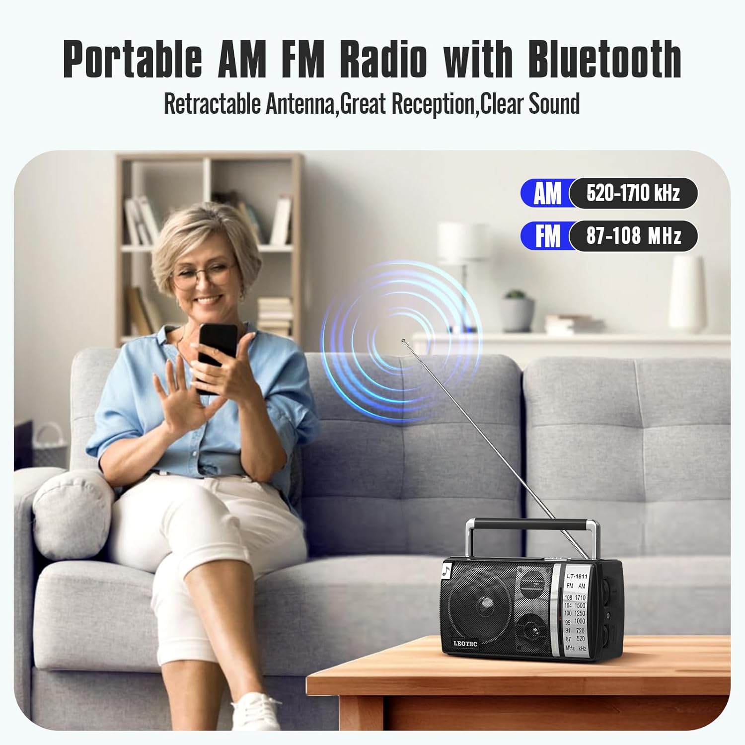 LEOTEC radio displaying AM and FM frequency ranges