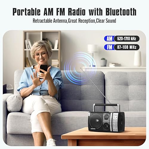 Miniatura 9 de LEOTEC Radio AM FM, radio Bluetooth portátil, enchufe de pared o funciona con pilas, la mejor recepción con conector para auriculares, de mano,