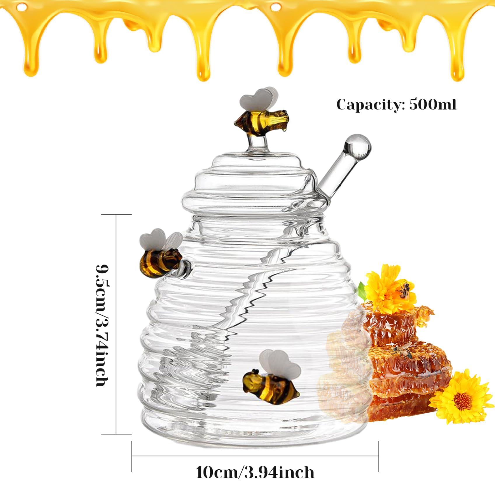 1 set di vasetti per miele con api carine da 500 ml con mestolo e coperchio coperchio vaso per miele e gocciolatore barattolo trasparente per miele con merlo acquaiolo per conservare miele e sciroppo