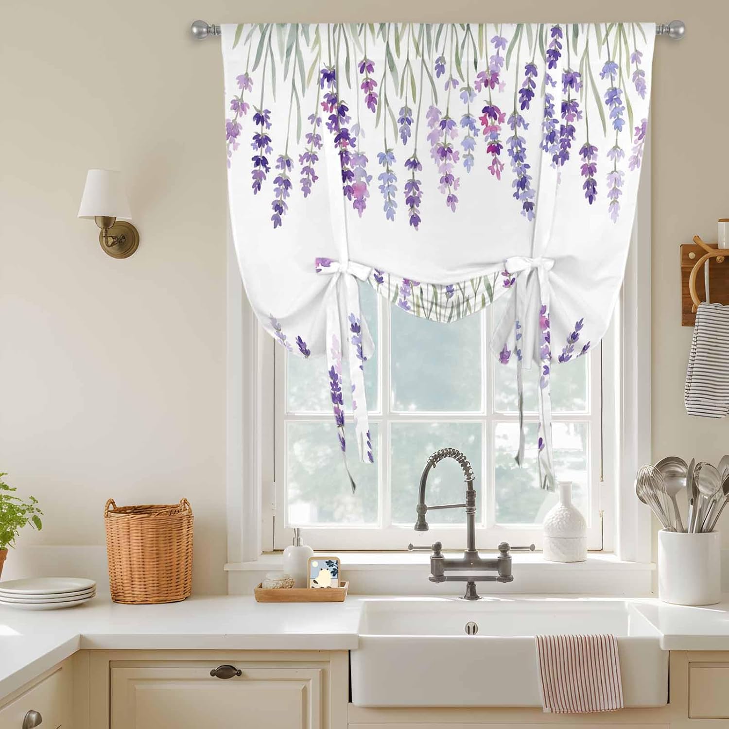 YOKOU Curtains Balloon Window Shade Summer Watercolor Purple Lavender Flower Floral Print White Rod Pocket Curtain Adjustable Tie Up Short Curtains for Small Windows Kitchen,1 PCS 42 x45 inch