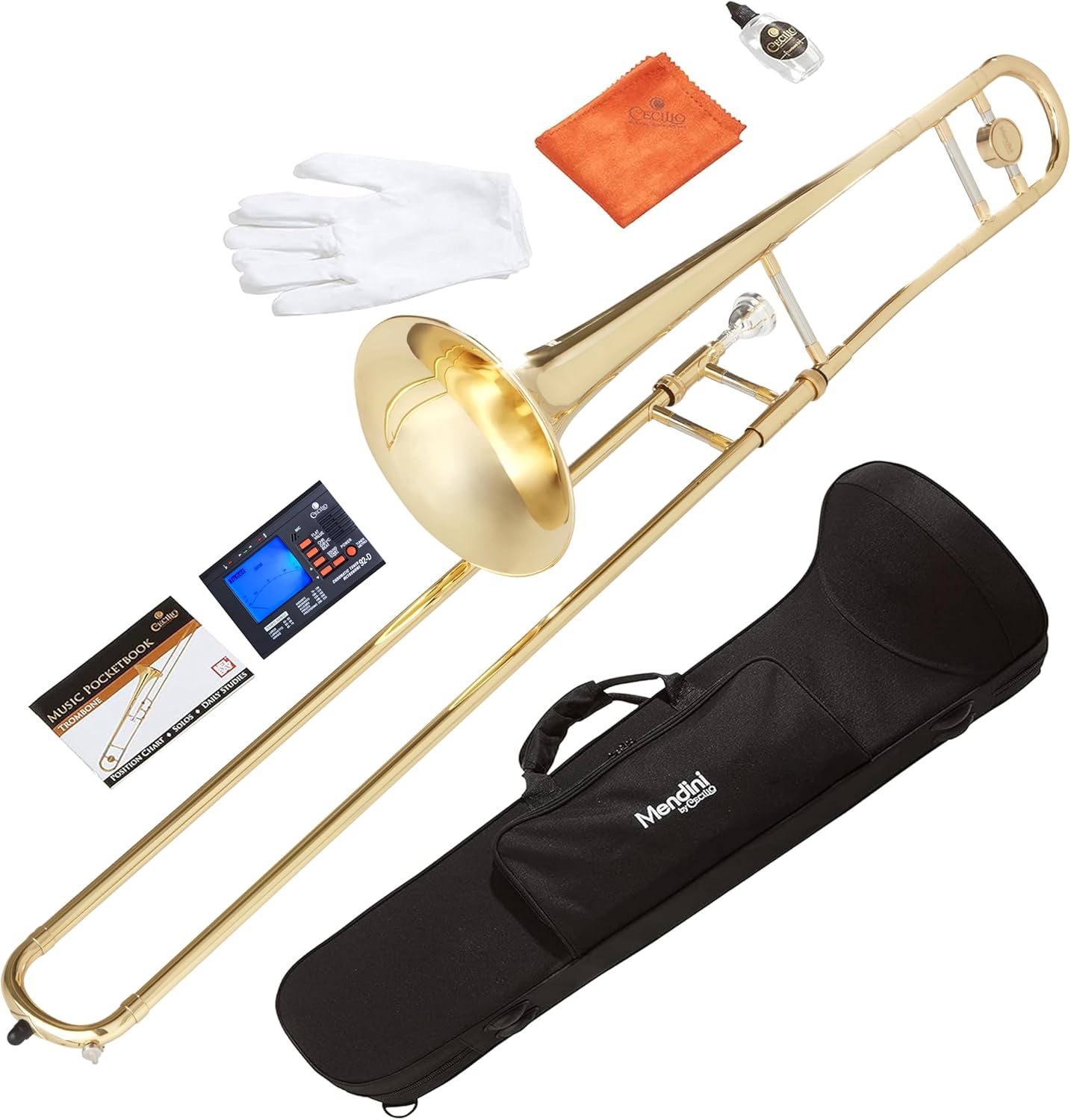 Mendini by Cecilio Bb Tenor Slide Trombone for Beginners - B Flat Brass Plated Trombone Instrument with Tuner, Music Book, Hard Case, Mouthpiece, Cleaning Kit & Gloves (Gold)