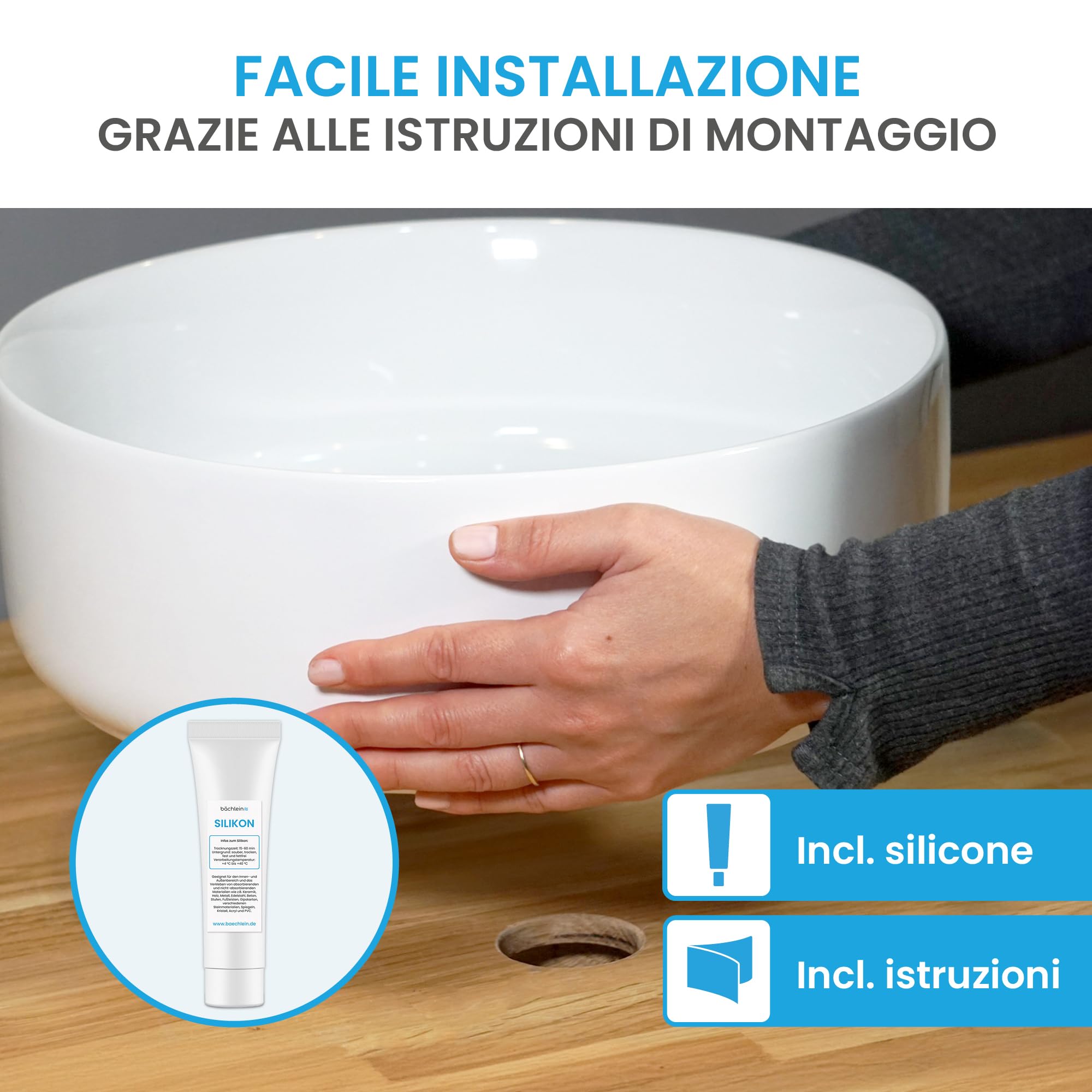 Bächlein Lavabo da appoggio Tamula (rotondo) – Lavabo in ceramica Ø 31,5 cm – Lavabo dal design moderno per bagno e WC – Lavabo di alta qualità in bianco