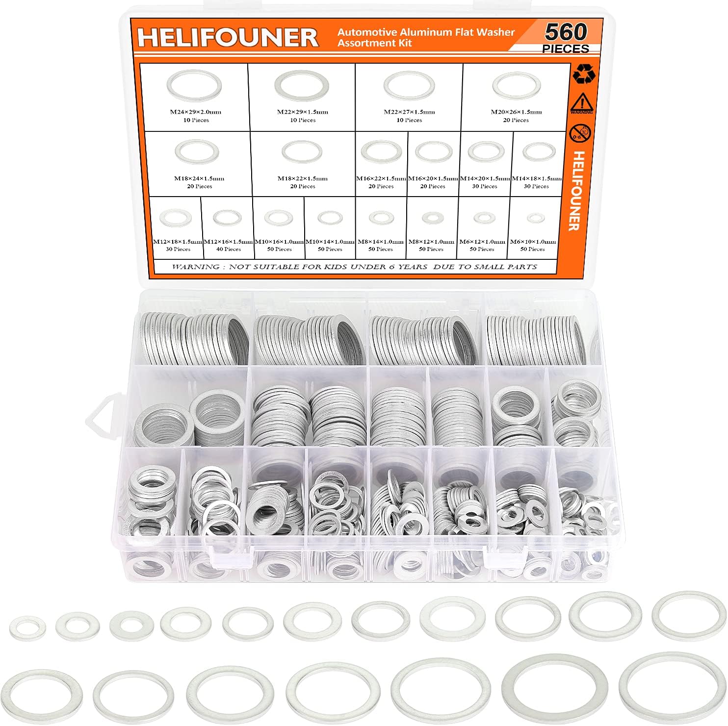 560 Pieces 18 Sizes Automotive Drain Plug Gaskets, Oil Crush Washers, Aluminum Flat Washers Assortment Kit (M6 M8 M10 M12 M14 M16 M18 M20 M22 M24)