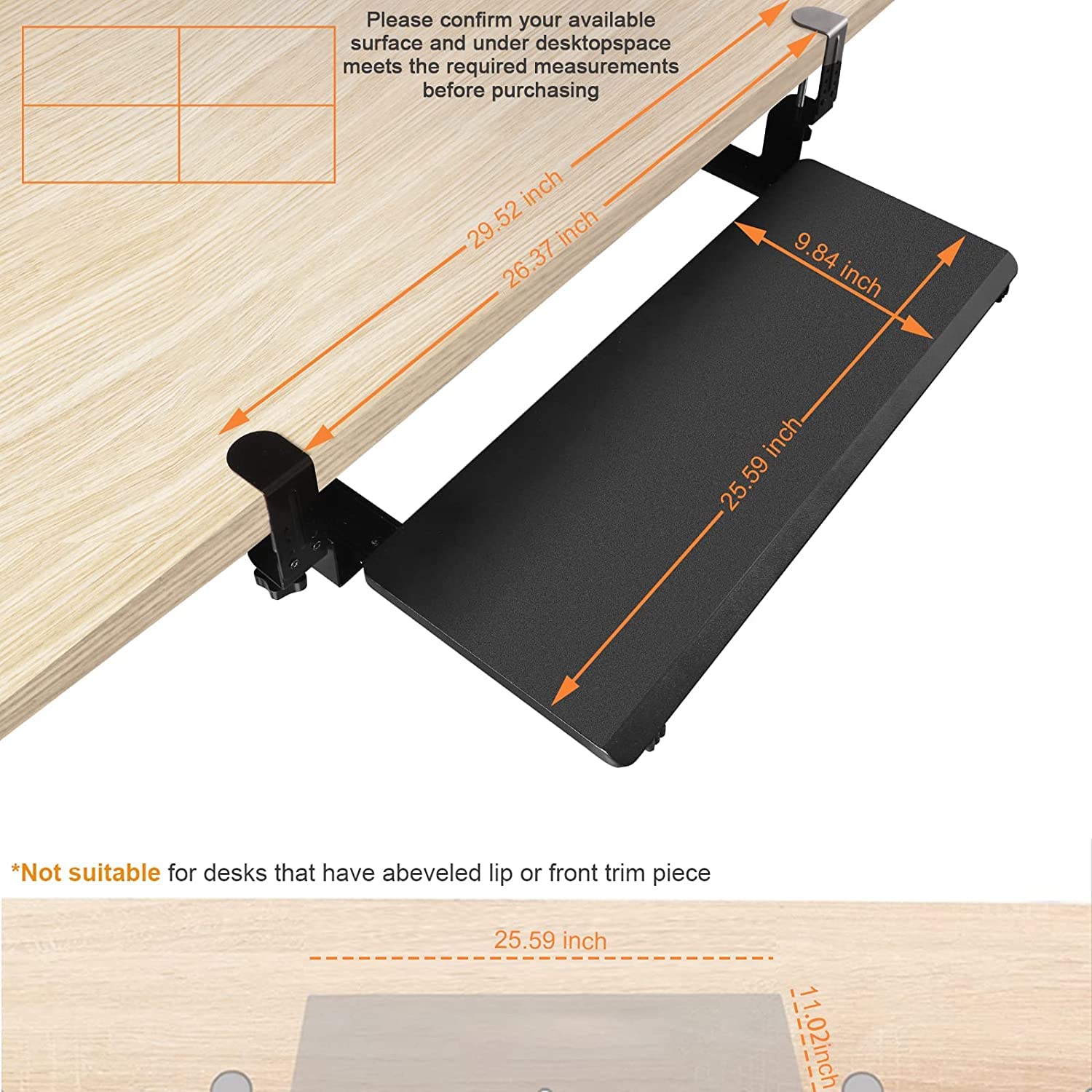 Bandeja para teclado con abrazadera ergonómica deslizante para teclado y ratón para debajo del escritorio cajón retráctil fácil de montar sin necesidad de herramientas o tornillos (carbón ne
