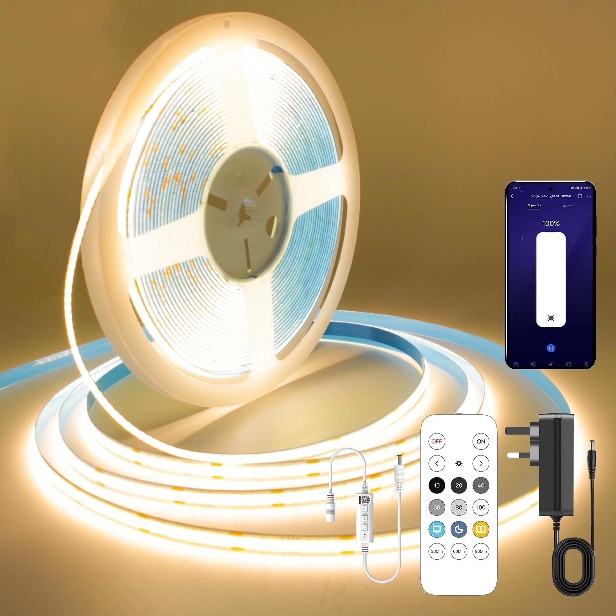 FUIQI Striscia LED 10 metri,striscia led cob bianco caldo 2700K,24V Smart app e telecomando Striscia LED dimmerabile,320LED/M,CRI>90, larghezza,adatto per camere da letto,cucine,armadi