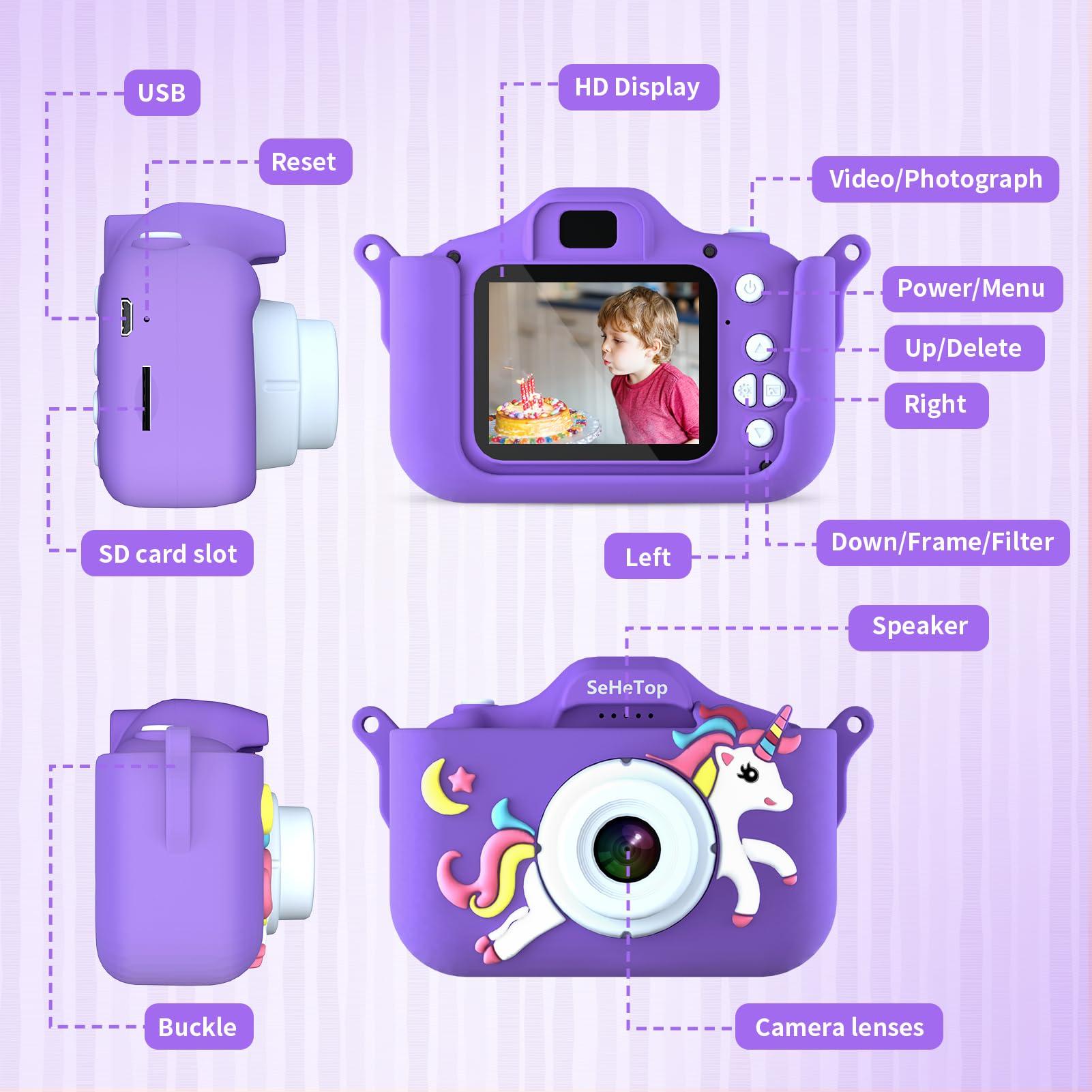 Cámara Infantil SeHeTop Con Vídeo 1080P HD, Funda Anti-caídas, Juegos Y Tarjeta SD De 32GB Incluida, Para Niños De 3 A 10 Años (Rosa)