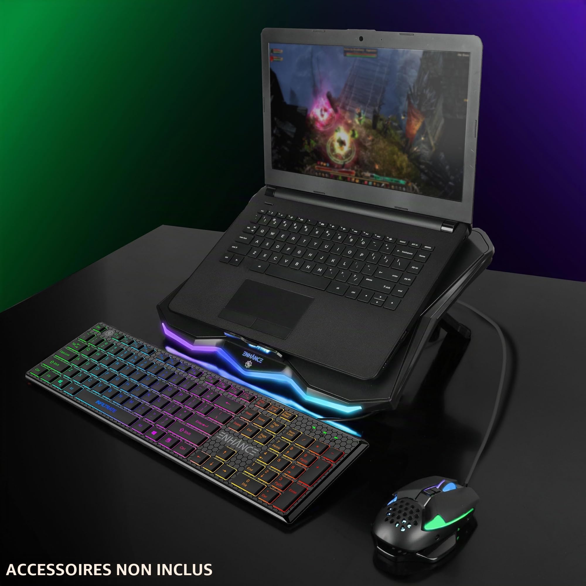 ENHANCE Infiltrate 3 Support de Refroidissement pour Ordinateur Portable avec Lumières RVB - Support de Jeu avec 8 Ventilateurs Ultra-Silencieux, 7-Angles Réglables, Double Hub USB, Métal
