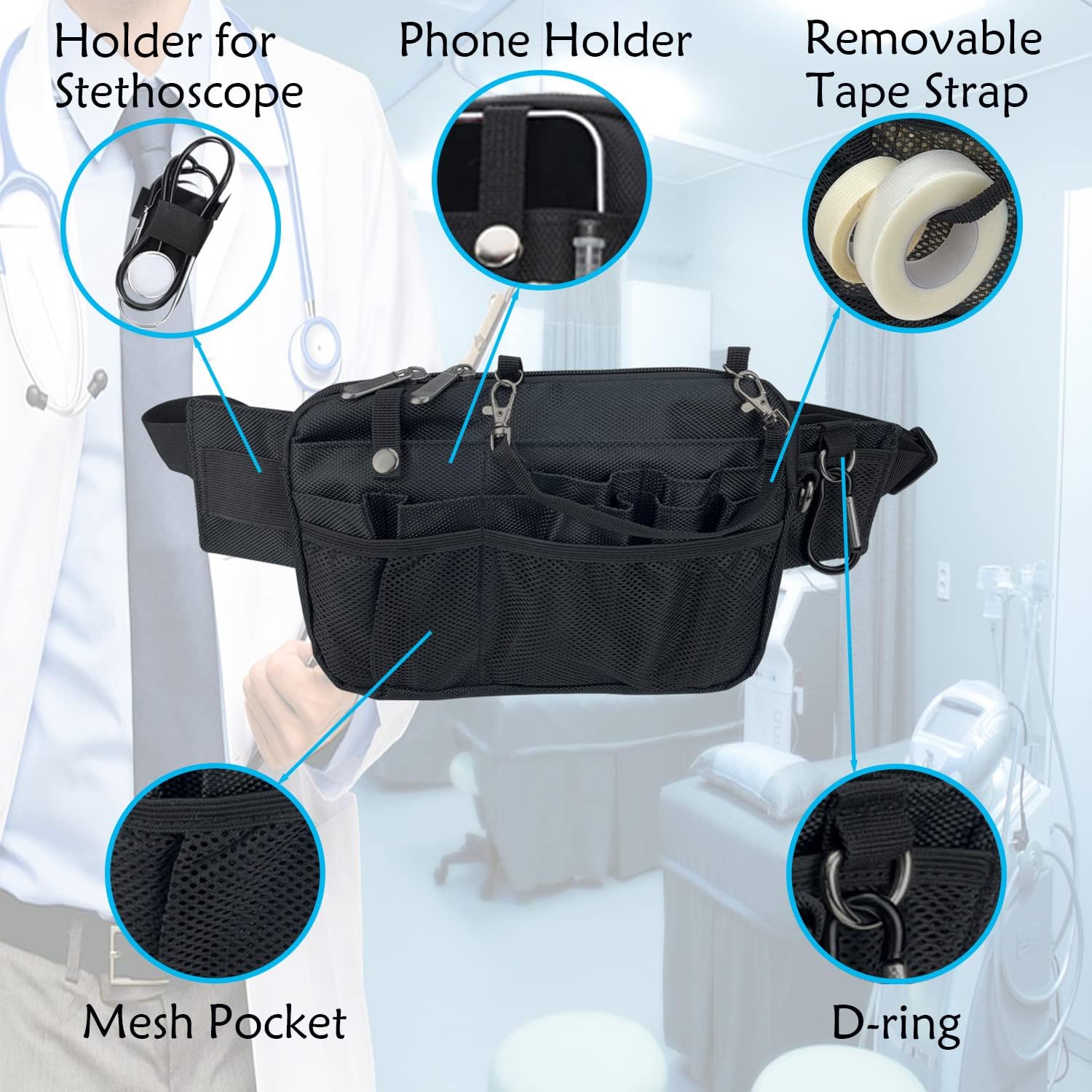 Nurse Fanny Pack with Multi-Compartment Medical Waist Bag with Tape and Stethoscope Holder Utility Storage for Medical Supplies for Student and Nurses (Black)