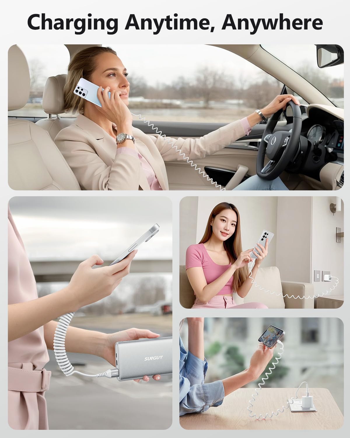 SUNGUY Cavo a Spirale USB C, 1Pezzi 1.5M [Lunghezza comoda: 0.4-1M] USB a USB-C e Cavo Dati per Android Auto, CarPlay, iPhone Serie 17/16/15, Galaxy S24 Ultra S23 FE, Google Pixel, Xiaomi - Bianco