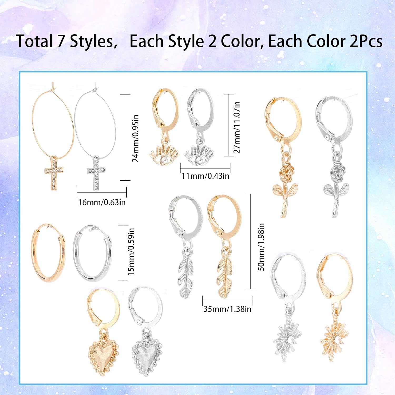 SUNNYCLUE 1 Box 14 Pairs Huggies Earrings Set Leverback Earrings Sets Hoop Huggie Earrings Dangle Hoop Earrings Gold Silver Fashion Earrings for Women Adults Jewelry Xmas Birthday Gifts Supplies