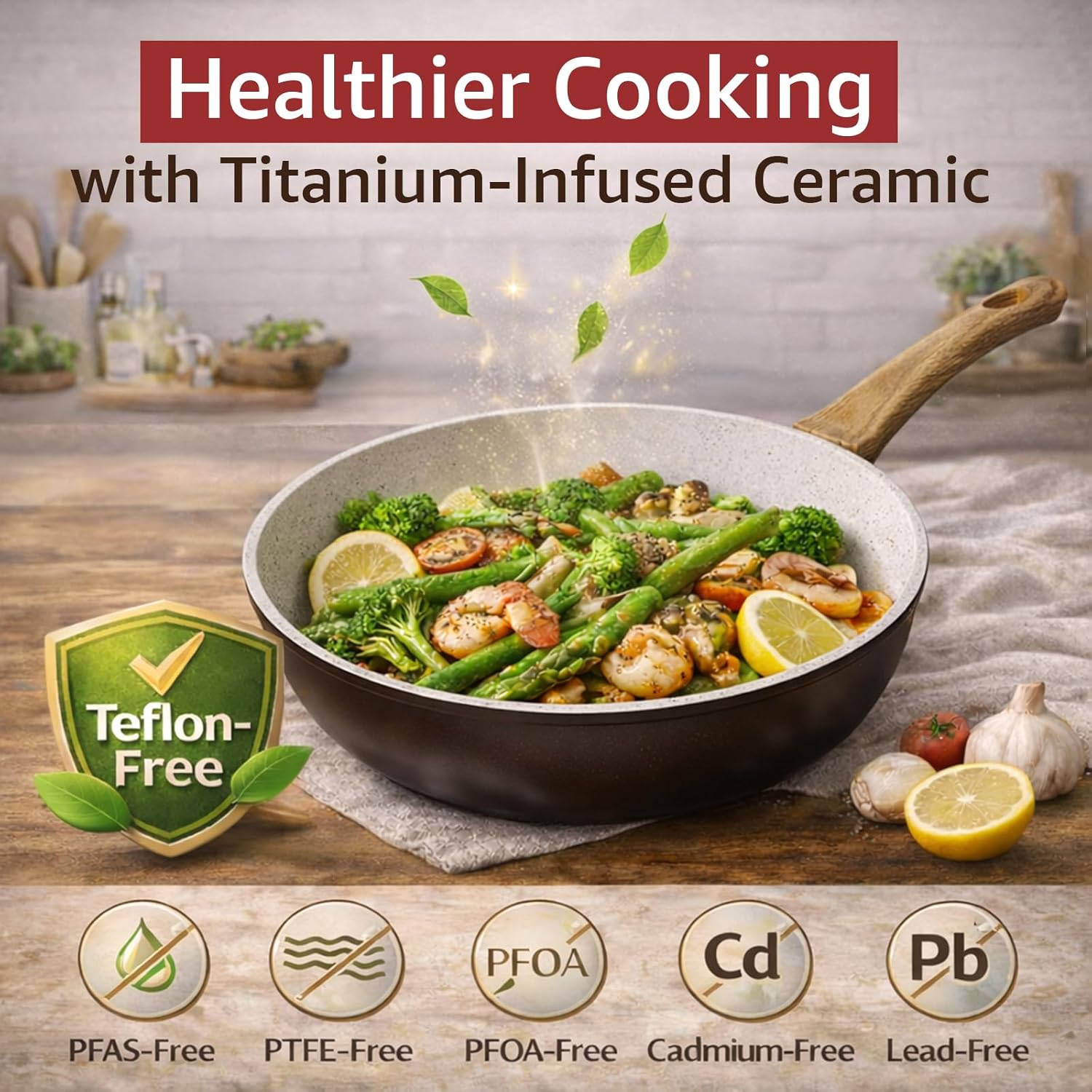 24Pcs Pots and Pans Set Non Stick,Ceramic Cookware Set with Titanium-Reinforced Nonstick Coating,Long-Lasting,PFAS-Free,Induction Compatible,Full Kitchen Set with 3 Stock Pots for Family Cooking,Black - Image 7