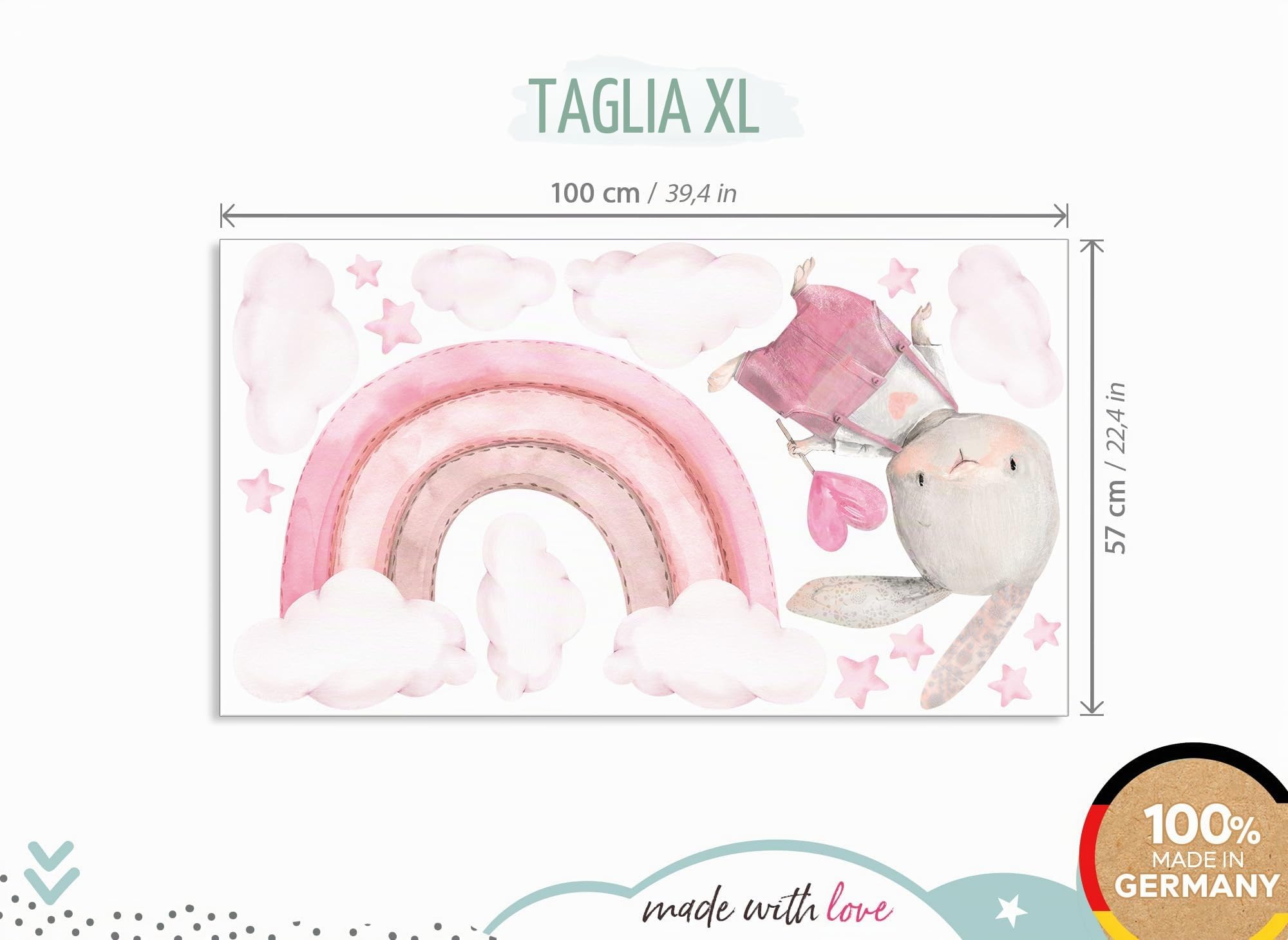 Little Deco DL826-4 - Adesivo da parete per cameretta dei bambini, motivo: arcobaleno e coniglietto rosa