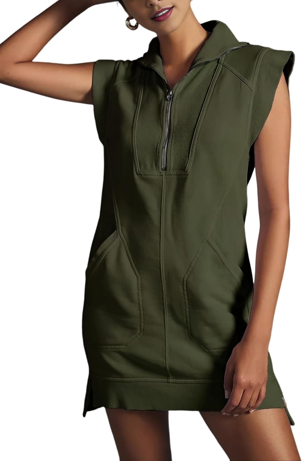 Qiaomai Womens Half Zip Sweatshirt Dresses Summer V Neck Sleeveless Pullover Tunic Tops Mini Dress