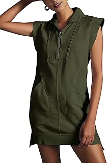 Womens Half Zip Sweatshirt Dresses Summer V Neck Sleeveless Pullover Tunic Tops Mini Dress - Buy now