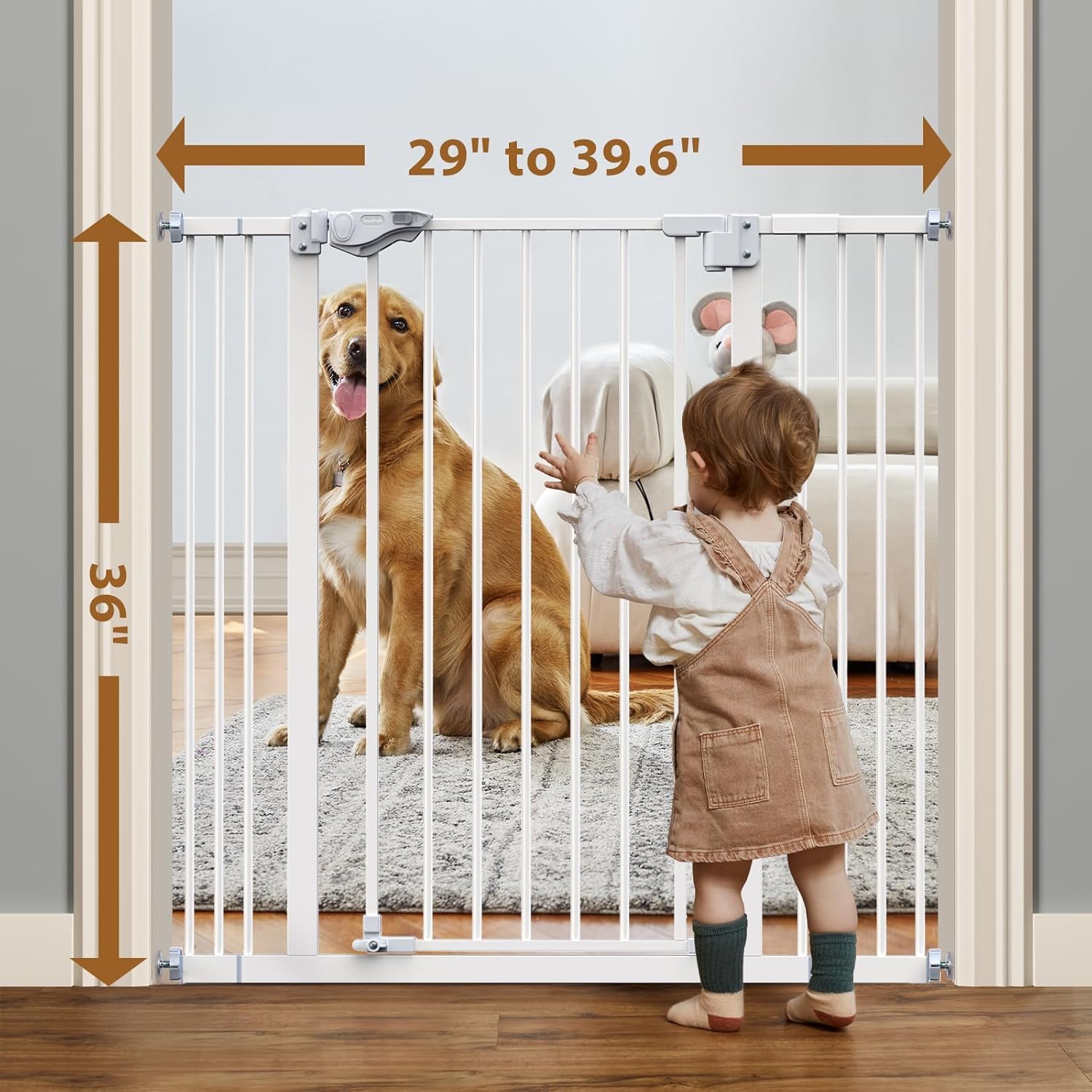 InnoTruth Baby Gate 29–39.6" Wide, 36" Tall Dog Gate for Stairs and Doorways, Pressure Mounted Metal Pet Gate with Dual Lock, Easy Walk-Through and Expandable Design, White