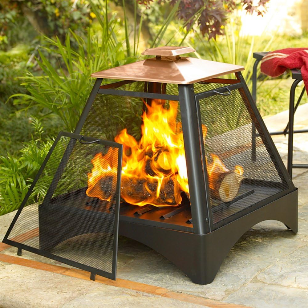 Pagoda Outdoor Fireplace with Copper Roof and Built-In Steel Grate, Wrought Iron Finish