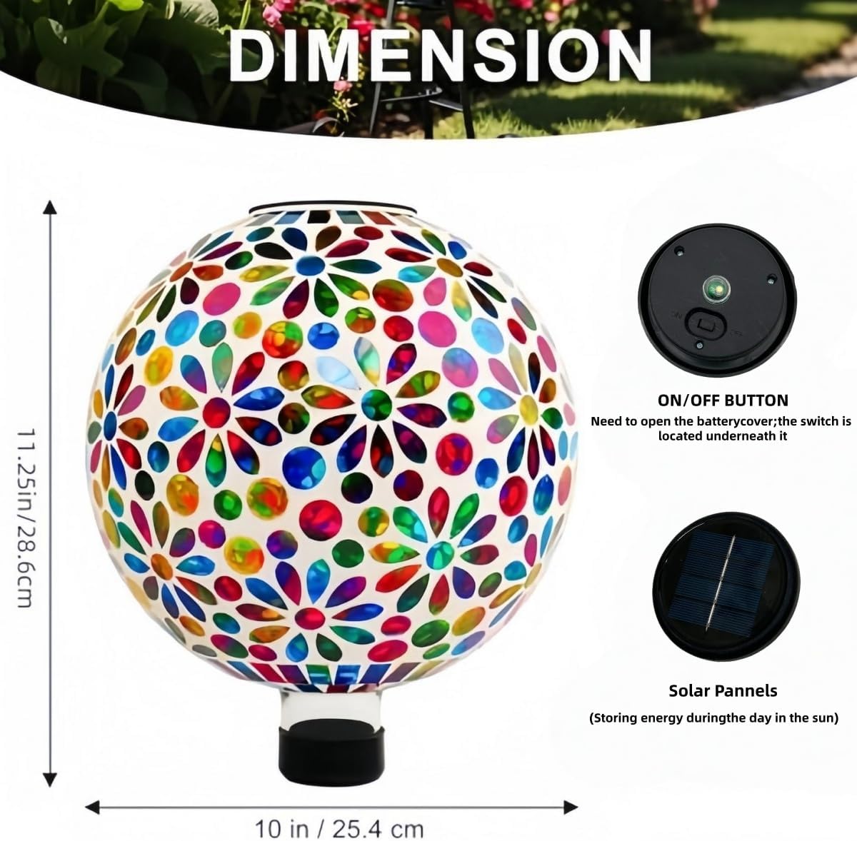 VOREEN Solar Gazing Ball, 10" Mosaic Glass Gazing Globe with Solar Light, Handmade Outdoor Patio Lawn Garden Decor Sphere, Colorful Daisy Design
