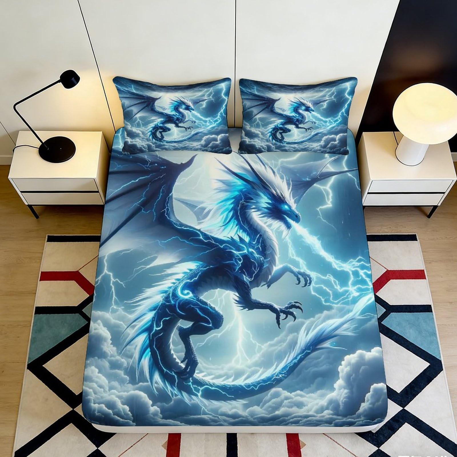 3D Printed Electric Blue Dragon Fitted Sheet Microfiber Soft Breathable Storm Cloud Bed Cover for Bedroom Dorm Decor 90x200x25cm