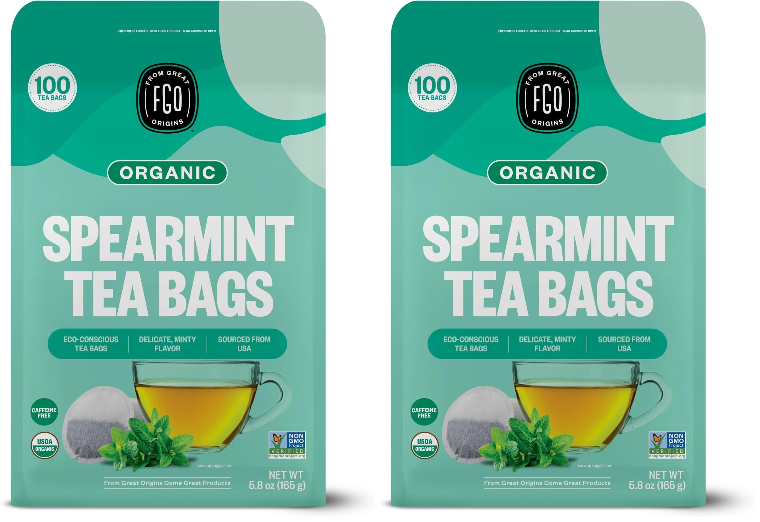 FGO Organic Spearmint Leaf Tea, 100 Count, Eco-Conscious Tea Bags, Caffeine Free, Resealable Bag, Packaging May Vary (Pack of 2) Spearmint Leaf 100 Count (Pack of 2)