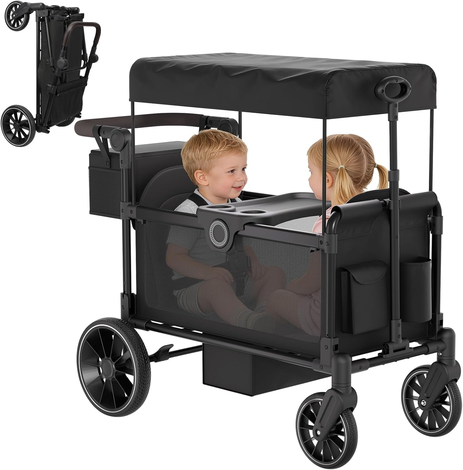 BIERUM Stroller Wagon for 2 Kids, Double Wagon Stroller with Side Entry & 5-Point Safety, All-Terrain Foldable Cart with Push/Pull Handle, Removable Canopy & Organizer for Beach, Camping, Black