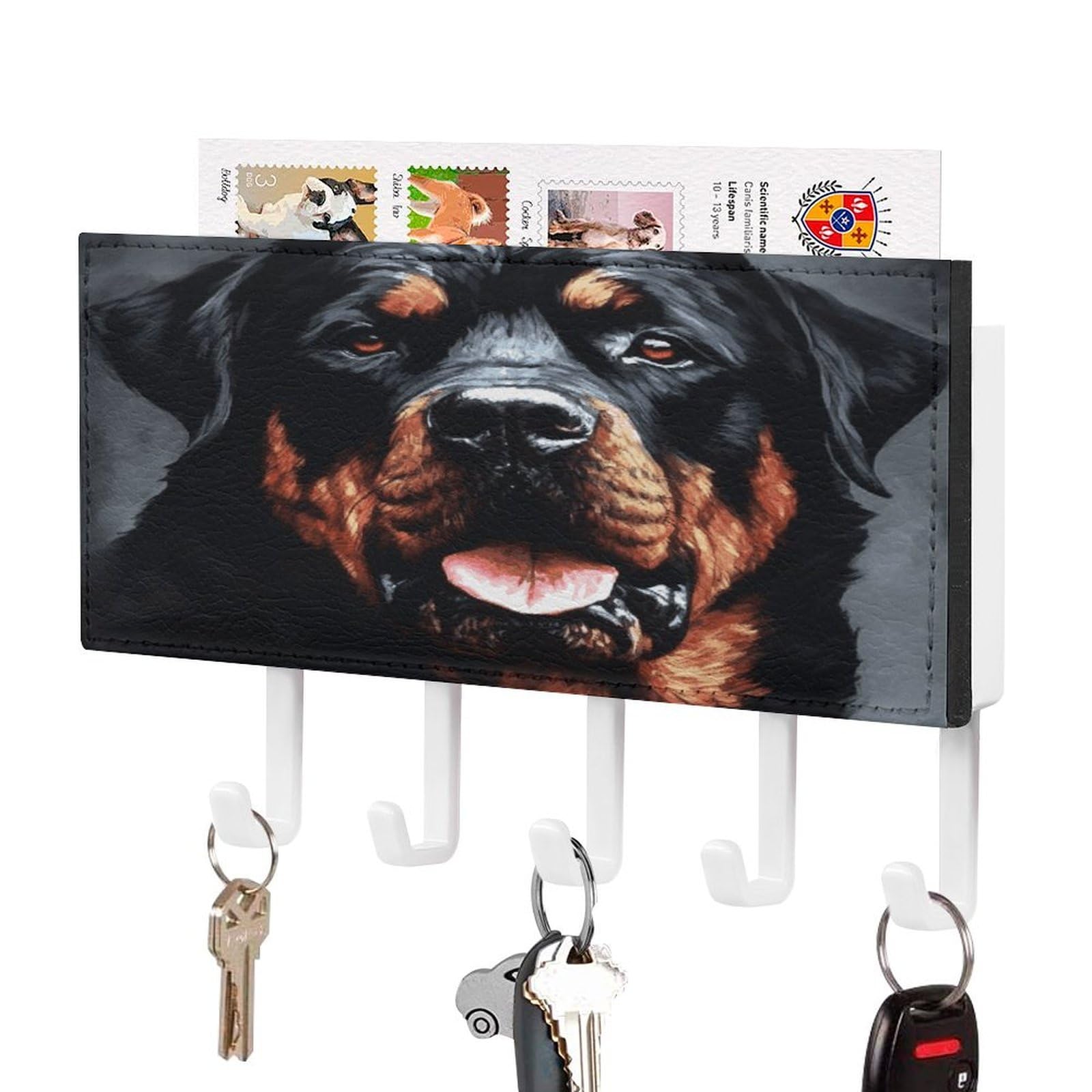 Organizador de cartas metálico y colgador de llaves Rottweiler en piel sintética negra
