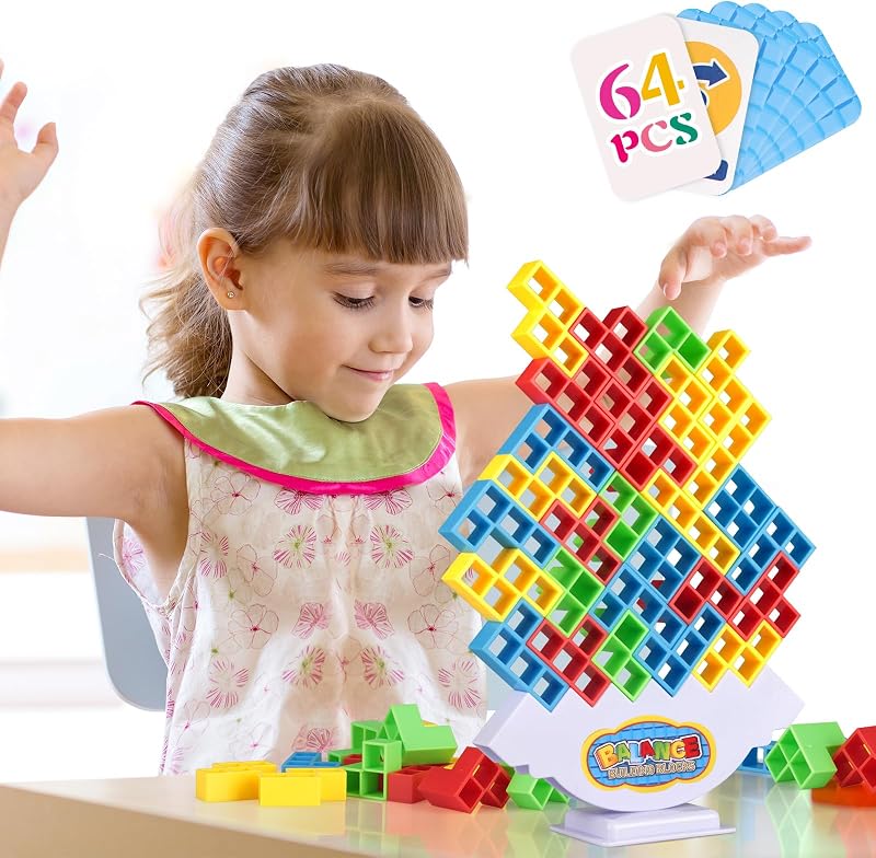 LIMYIOM 64Pcs Tetra Tower Game, Family Board for 2 Players Family Games, Christmas Stocking Stuffers for Teen Boys, Girls, Kids, Adults, Building Blocks Balance Games Toys for Family and Classroom