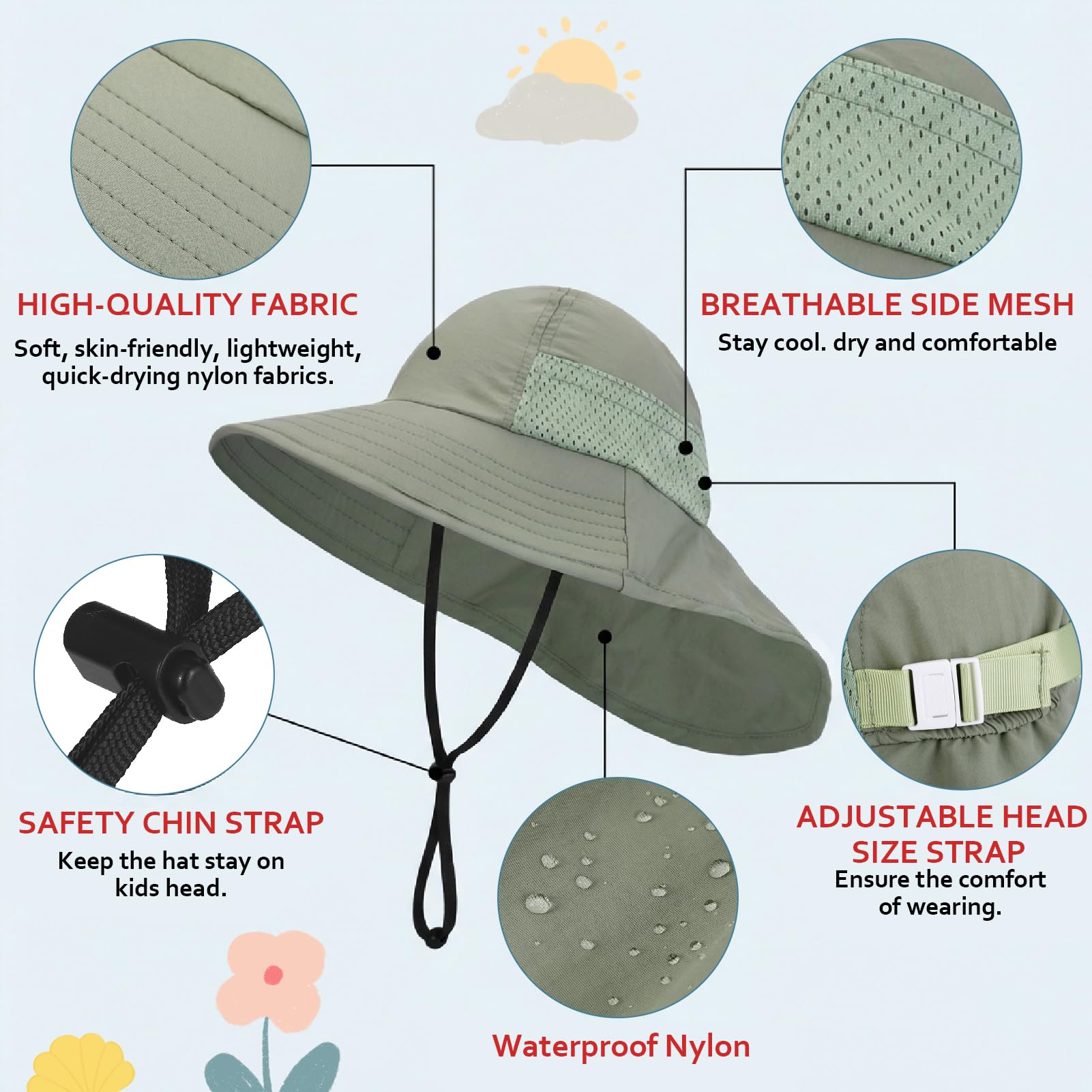 2 Pack Kids Sun Hat with Neck Flap, UV Protection 50+ Wide Brim Summer Beach Hat for Toddler Boys Girls - 3