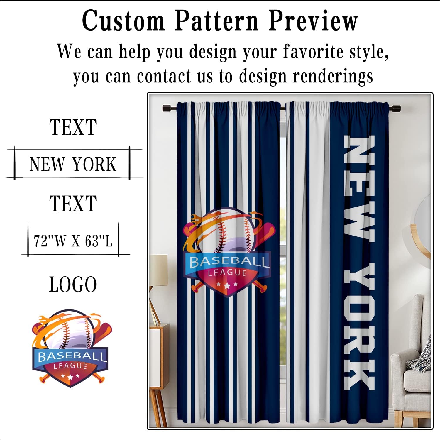New York Blackout Curtain, Customizable Size, Text, Logo, Rod Pocket Window Treatment Curtains Drapes 2 Panels for Bedroom Livingroom, Baseball Team Design