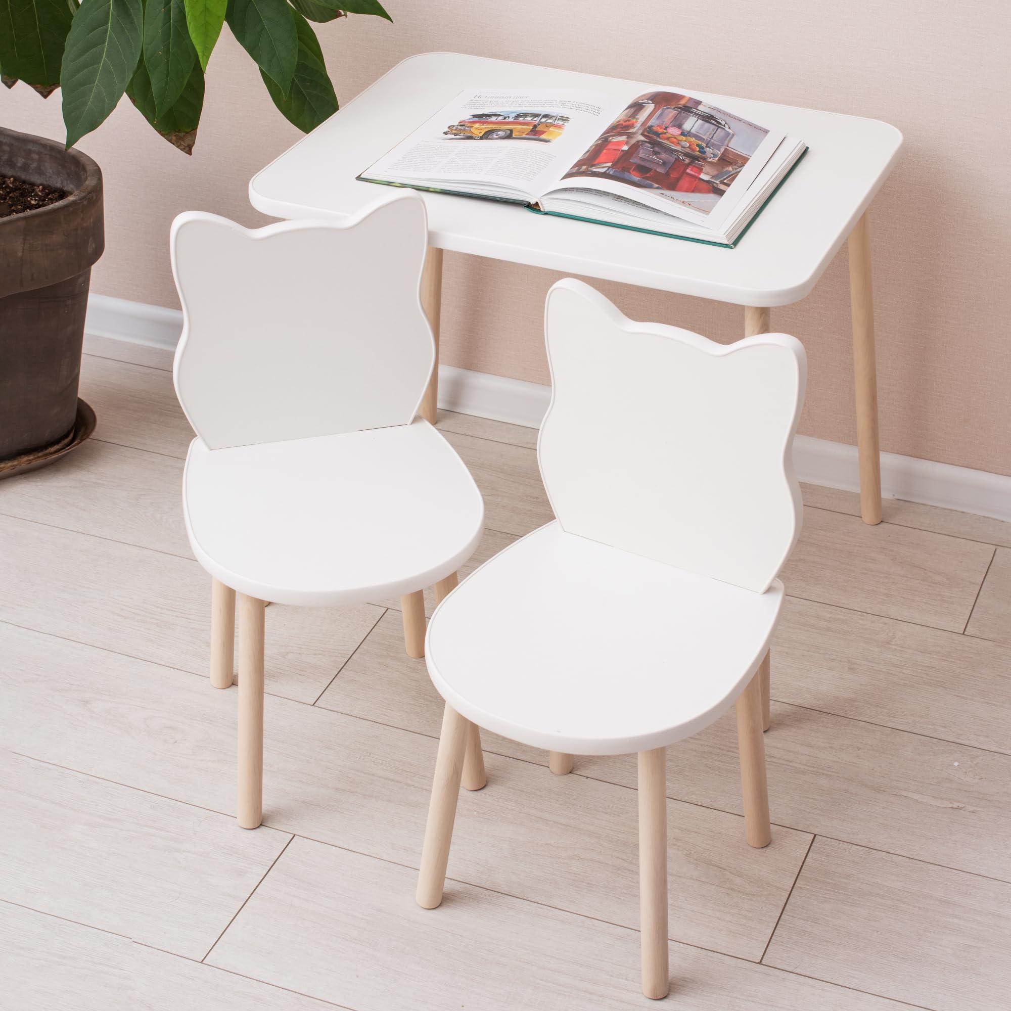 142- Wooden Table and Chair Set - Play Table With 2 Chairs 3 Pieces Round Table for Baby Girls and Boys - Children's Room Furniture Cool White