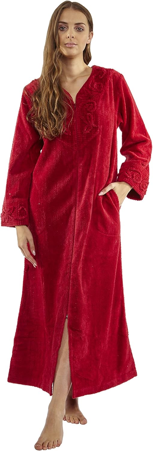HOC Women's Rose Embroidered Yoke Chenille Zipper Robe