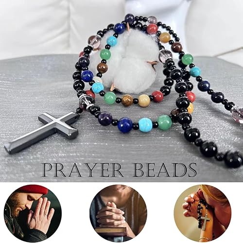 Vista 63 de Tiger Eye Cross Necklace for Men, Obsidian Necklace, Hematite Cross Pendant Lava Rock Rosary Healing Crystal Necklaces