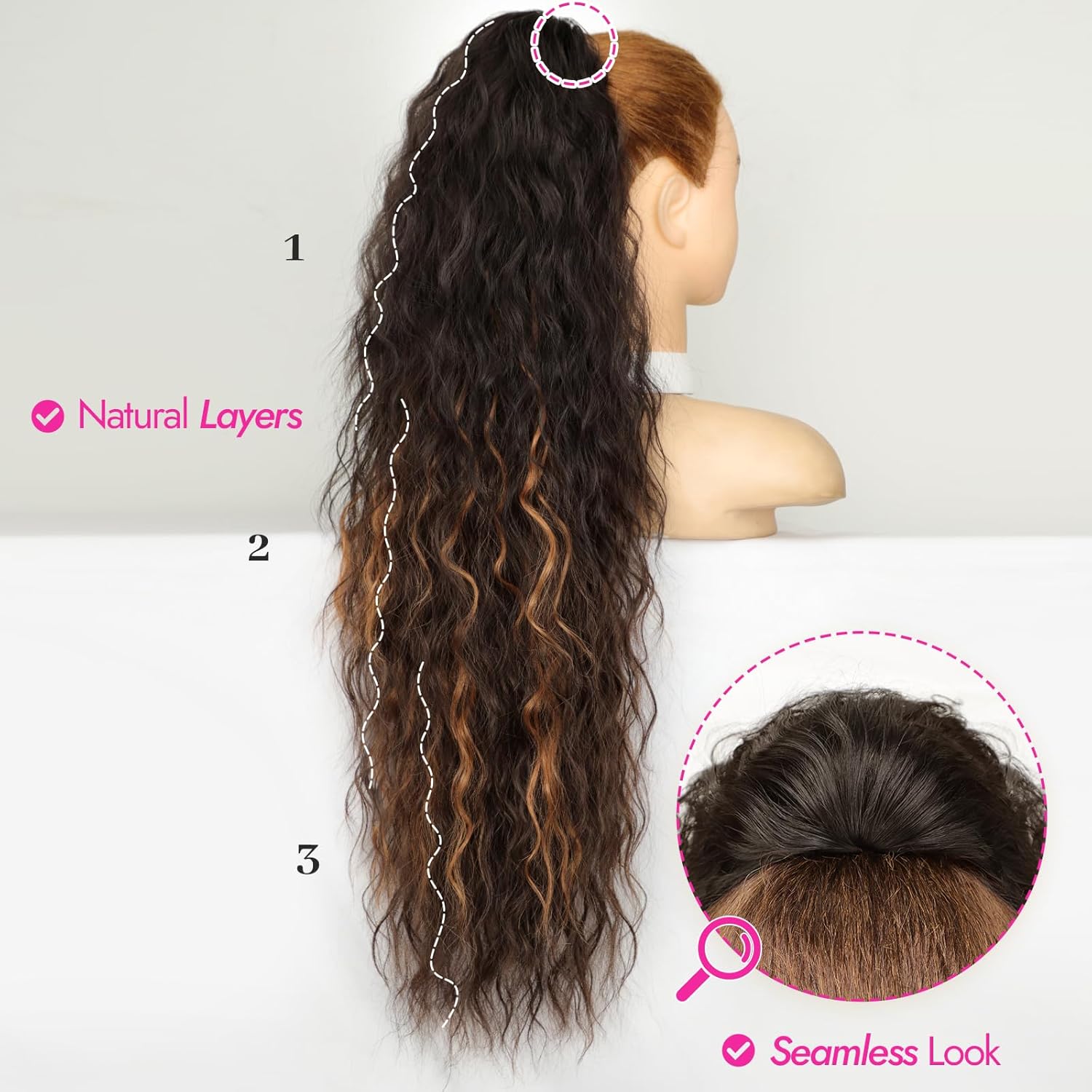 KooKaStyle Ponytail Extension 30 Inch Drawstring Pony Tails Hair Extensions for Women Long Curly Ponytail Synthetic Hairpieces for Daily Use（Brown with Blonde Highlights）