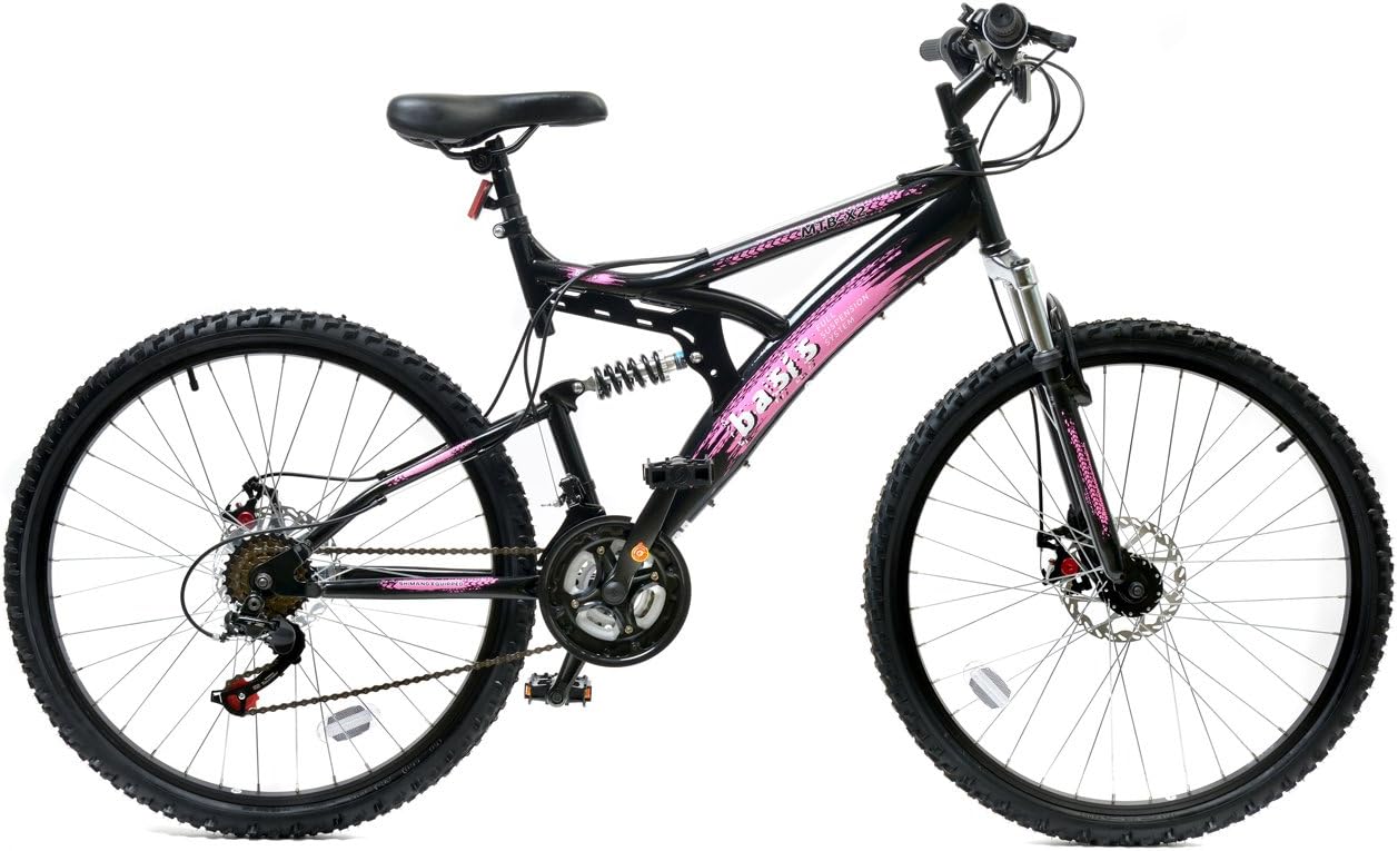 Basis 1 Full Suspension Mountain Bike 26" Wheel Disc Brakes 21 Speed Black Pink