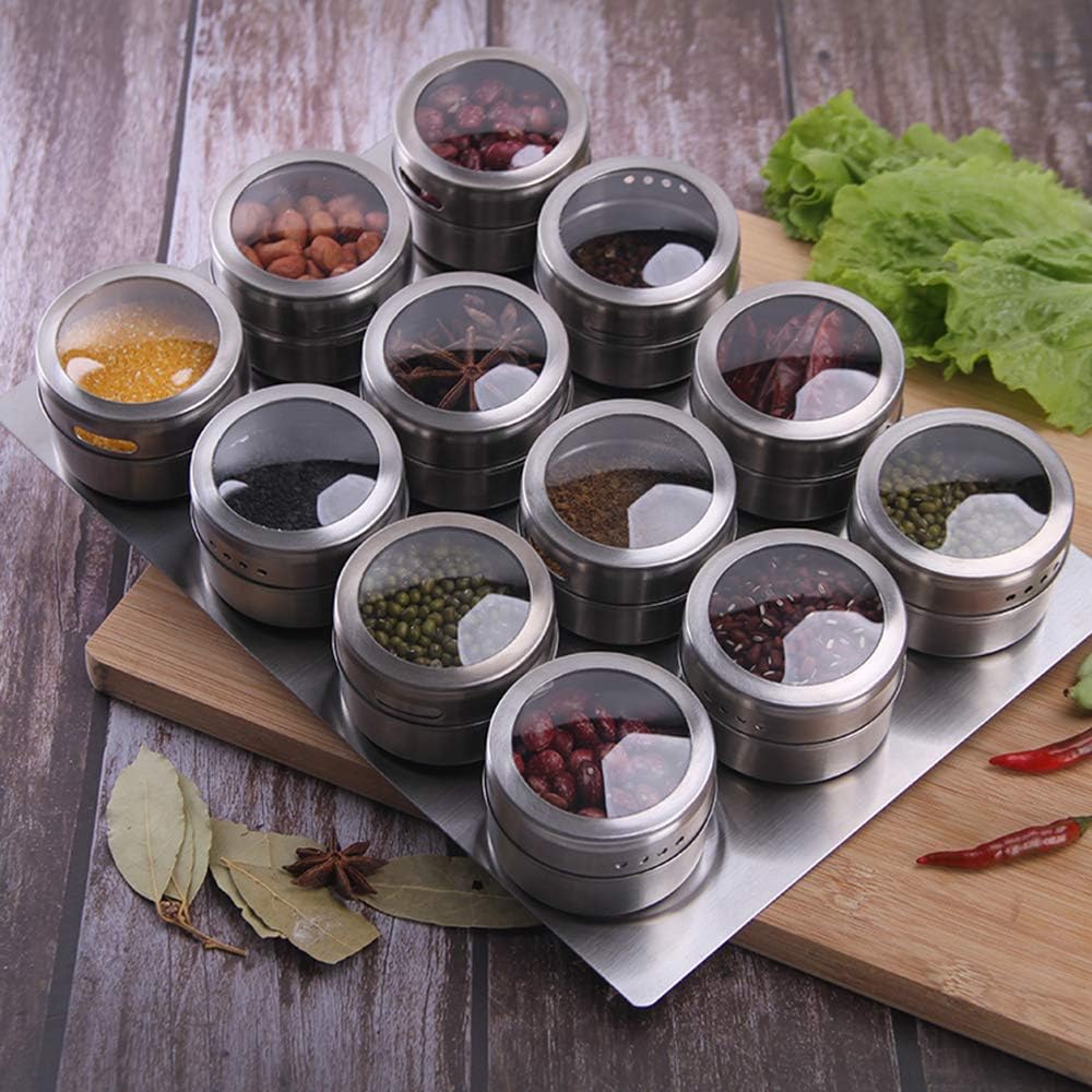 12 Magnetic Spice Jar Containers Spice Tins - Wall Mounted Stainless Steel Base - Easy to Install 12 MAGNETIC SPICE TINS WITH WALL PLATES
