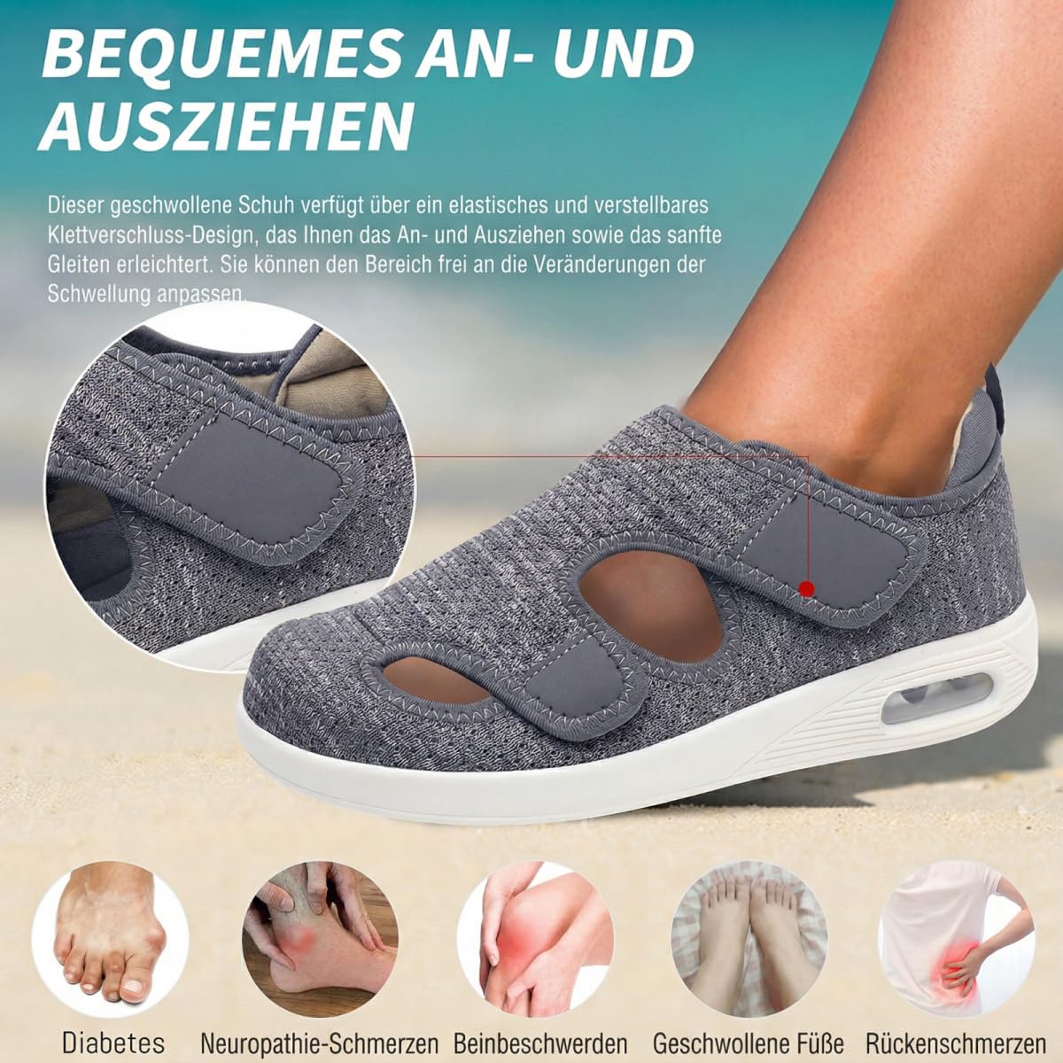 VibeCraft Diabetessandalen für Damen und Herren mit Klettverschluss, Druckentlastend und atmungsaktiv, Ideale Sandalen für geschwollene Füße und den täglichen Gebrauch